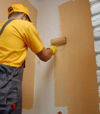 Worker painting wall with paint roller.